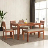 ONIJA Sheesham Wood 4 Chair with 1 Bench Dining Table Set with Cushioned Chairs for Dining Room | Living Room | Home & Office | - HONEY FINISH